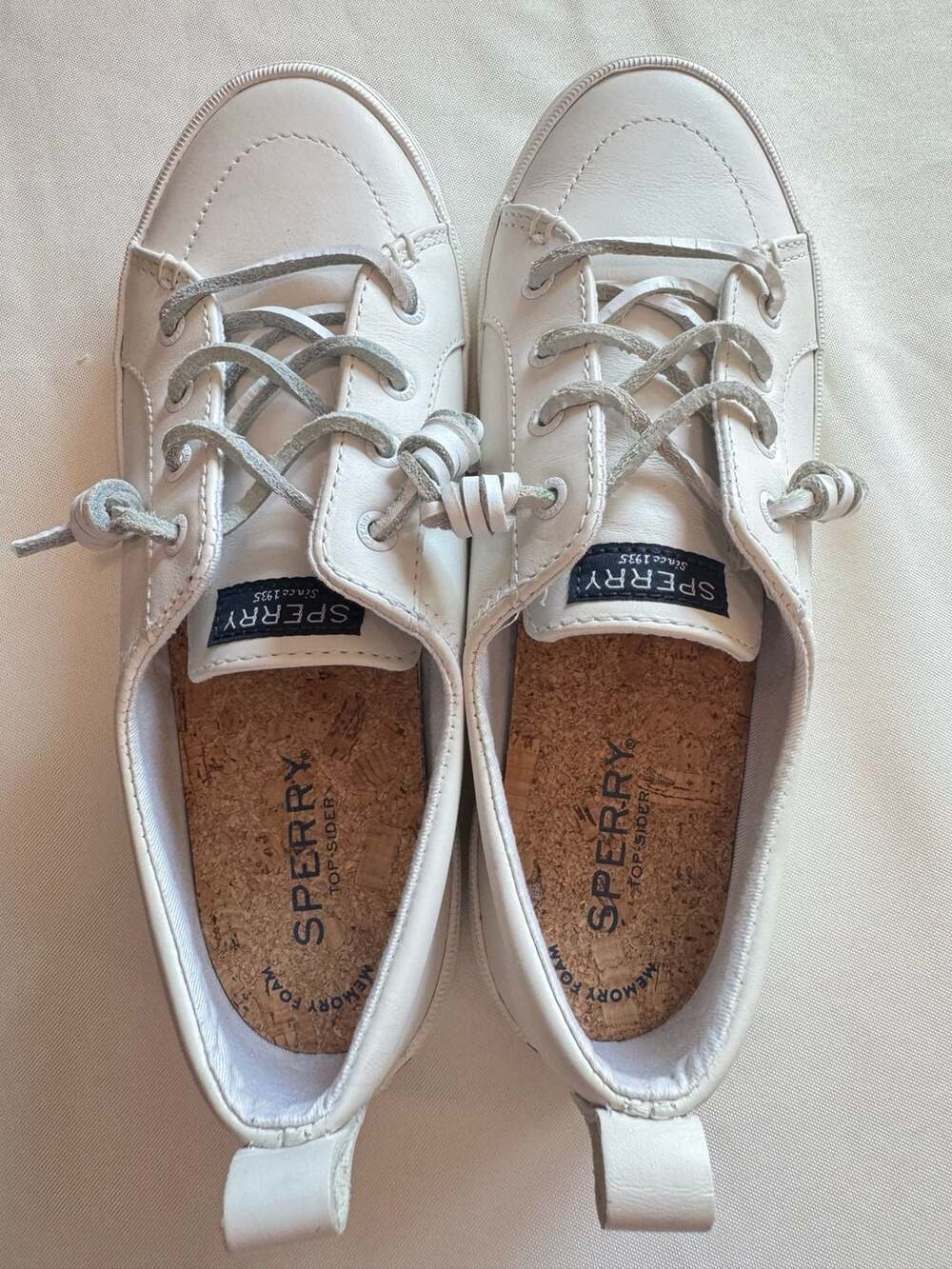 Sperry White Leather Boat Shoes Memory Foam Coastal Preppy Women’s 7